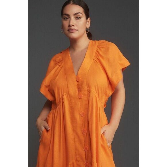 Anthropologie Flutter-Sleeve Linen Button-Front Midi Dress - Picture 6 of 10